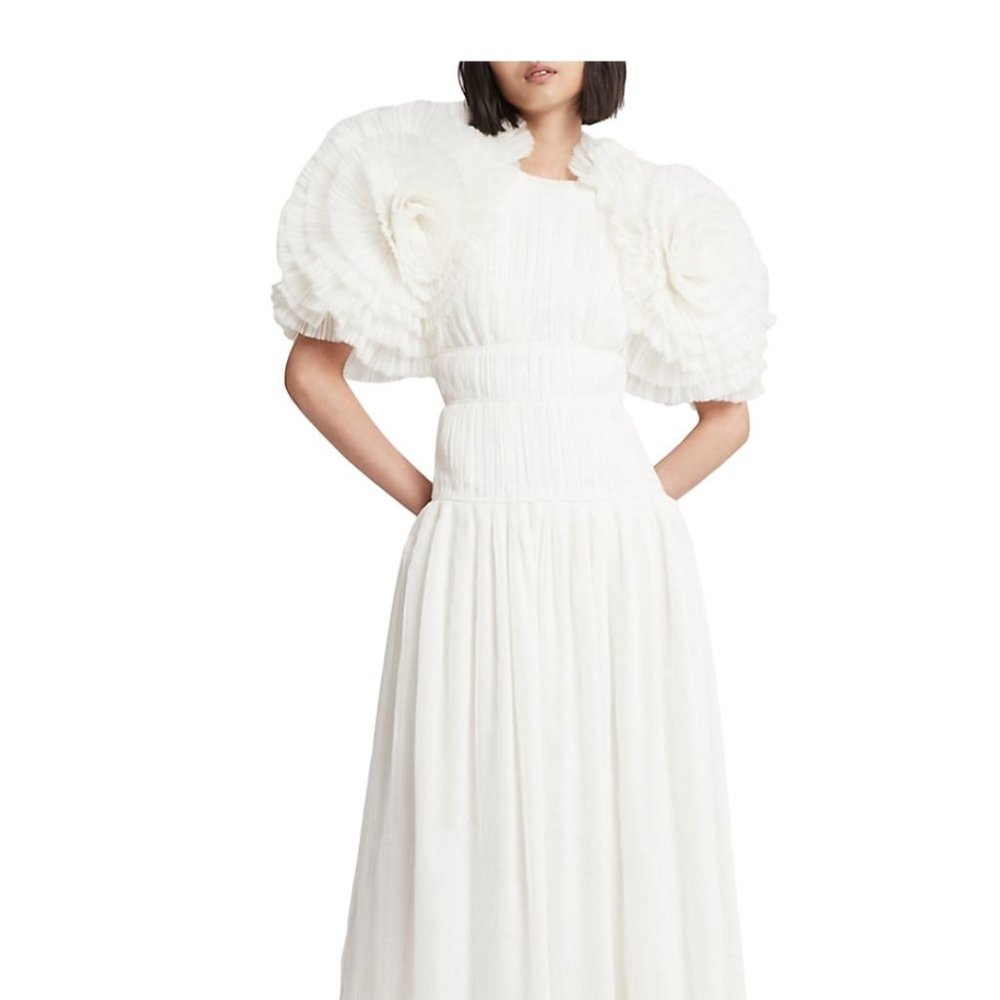 Aje White Midi Dress with Ruffled Sleeves